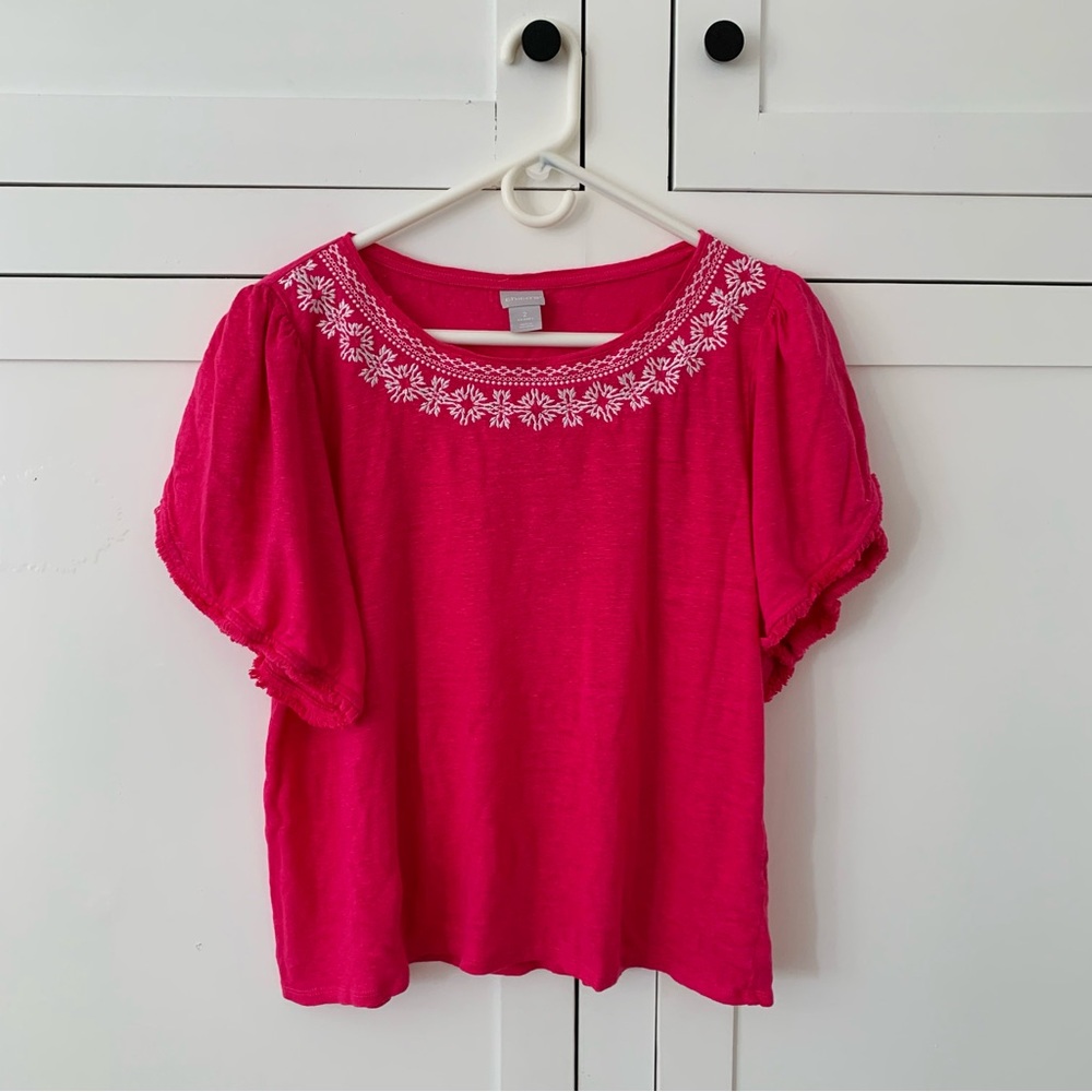 Chico’s Linen Pink Embroidered Floral Puff Sleeve Top Size Large